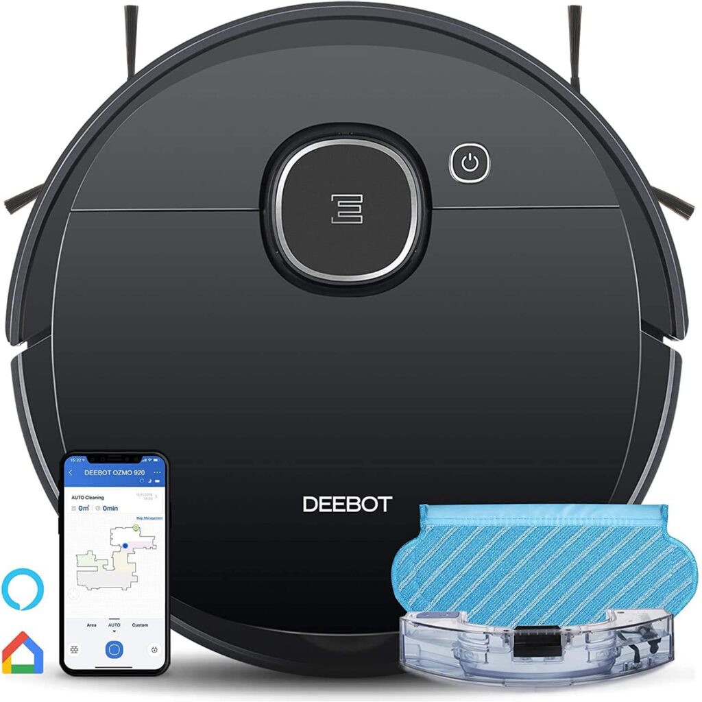Ecovacs DEEBOT OZMO 920 2in1 Mopping Robotic Vacuum with Laser Navigation, No-Go Zones, Systematic Cleaning, Multi-Floor Mapping, Works with Alexa  App, Large, Black