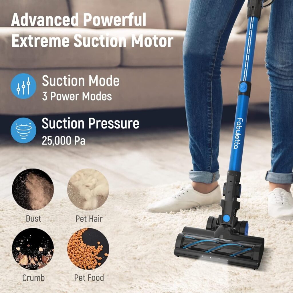 FABULETTA Cordless Vacuum Cleaner with 3 Suction Modes, Max 25Kpa Strong Brushless Motor, 50 mins Runtime Detachable Battery Wireless Stick Vacuum Cleaner for Home, Floor, Carpet and Pet Hair
