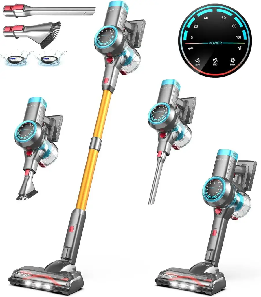 ORFELD Cordless Vacuum Cleaner, 500W/40Kpa Stick Vacuum with Self-Standing, Max 60Mins Runtime, Vacuum Cleaners for Home with LED Display, 6 in 1 Cordless Vacuum for Carpet Hardwood Floor Pet Hair