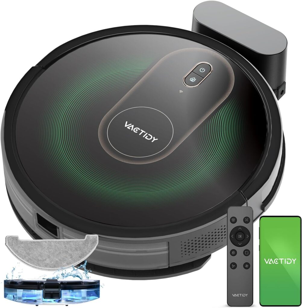 Vactidy T8 Robot Vacuum and Mop, Gyro Navigation Robotic Vacuum Cleaner, 2 in 1 Mopping Robot with Watertank and Dustbin, WiFi/App/Alexa/Siri Control, Self-Charging, Ideal for Hard Floor, Carpet